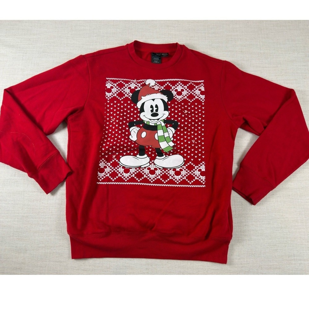 Disney Mickey Mouse Christmas Holiday Sweatshirt Red Fair Isle Graphic Small